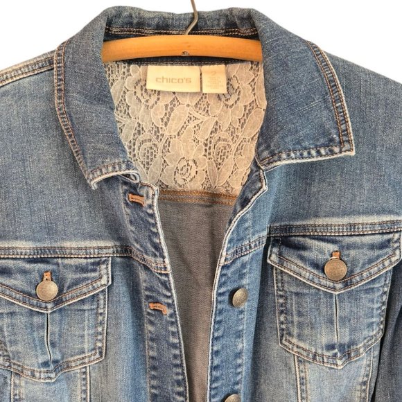 Chicos Size 2 Womens Medium Blue Denim Jacket Rounded Hem Lace Detail - Picture 4 of 10